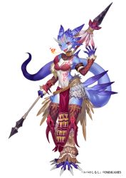 Rule 34 | :d, arm warmers, blue skin, bra, breath weapon, breathing fire, brown thighhighs, claws, colored skin, dmm, earrings, fire, full body, furry, furry female, holding, holding polearm, holding spear, holding weapon, horns, jewelry, lizard tail, looking at viewer, navel, official art, open mouth, polearm, red eyes, simple background, skull, smile, solo, spear, tail, thighhighs, underwear, weapon, white background, yuba no shirushi, yuzu shio