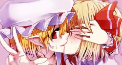Rule 34 | 2girls, blonde hair, blush, flandre scarlet, from side, hair ribbon, hat, kiss, looking at viewer, looking to the side, manekinekoppoi inu, mob cap, multiple girls, pointy ears, portrait, profile, red eyes, red ribbon, ribbon, rumia, short hair, smile, sweat, touhou, v, wrist cuffs, yuri