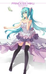 Rule 34 | 1girl, aqua eyes, aqua hair, bad id, bad pixiv id, black thighhighs, breasts, bug, butterfly, character name, cleavage, corset, dress, ello, hatsune miku, highres, insect, long hair, medium breasts, solo, strapless, strapless dress, thighhighs, twintails, very long hair, vocaloid, white background