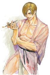Rule 34 | 123456dyom, 1boy, absurdres, alternate costume, bara, blonde hair, cropped legs, curtained hair, facial hair, goatee stubble, highres, holding, holding smoking pipe, japanese clothes, kimono, large pectorals, leon s. kennedy, limp wrist, looking at viewer, male focus, mature male, muscular, muscular male, mustache stubble, pectoral cleavage, pectorals, pelvic curtain, pink kimono, resident evil, seductive smile, short hair, sketch, smile, smoking pipe, solo, stubble, thick eyebrows, thighs, v-shaped eyebrows