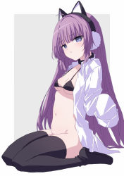 Rule 34 | 1girl, :t, animal ears, azur lane, bad id, bad pixiv id, bikini, bikini top only, black bikini, black footwear, black thighhighs, blue eyes, blush, boots, bottomless, breasts, cat ears, closed mouth, collared shirt, commentary request, fake animal ears, full body, grey background, groin, long hair, long sleeves, looking at viewer, navel, open clothes, open shirt, oueo, pout, purple hair, shirt, sitting, sleeves past fingers, sleeves past wrists, small breasts, solo, swimsuit, tashkent (azur lane), thigh boots, thighhighs, two-tone background, very long hair, wariza, white background, white shirt