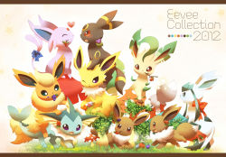 Rule 34 | :3, berry, character name, commentary request, creatures (company), dated, eevee, espeon, evolutionary line, flareon, fur, game freak, gen 1 pokemon, gen 2 pokemon, gen 4 pokemon, glaceon, grass, heart, jolteon, leafeon, looking at viewer, mouth hold, mushroom, nintendo, no humans, open mouth, pokemon, pokemon (creature), smile, tongue, umbreon, vaporeon, yuurakusei