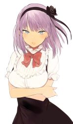 Rule 34 | 10s, 1girl, :o, blue eyes, bow, crossed arms, dagashi kashi, frilled sleeves, frills, hairband, looking at viewer, lpip, open mouth, purple hair, red bow, ribbon, ringed eyes, shidare hotaru, short hair, simple background, solo, tsurime, white background
