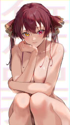 Rule 34 | 1girl, areola slip, breasts, closed mouth, collarbone, commentary request, completely nude, elbow rest, head rest, heart, heart-shaped pupils, heterochromia, highres, hololive, houshou marine, large breasts, long hair, looking at viewer, nude, pinkmill, red eyes, red hair, sitting, solo, symbol-shaped pupils, twintails, virtual youtuber, yellow eyes
