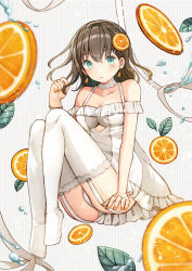 Rule 34 | 1girl, ass, bad id, bad pixiv id, bare shoulders, blush, breasts, brown hair, cleavage, collarbone, commentary request, dress, earrings, food, food-themed hair ornament, frilled dress, frills, fruit, garter straps, green eyes, grey background, hair between eyes, hair ornament, hairclip, hand up, jewelry, kurata rine, long hair, looking at viewer, medium breasts, nail polish, no shoes, orange (fruit), orange hair ornament, orange nails, orange slice, original, panties, parted lips, ruffling hair, solo, striped, striped background, thighhighs, underwear, vertical stripes, white dress, white panties, white thighhighs