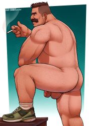 Rule 34 | 1boy, absurdres, arm hair, ass, ass hair, back hair, bara, baramantik, beard stubble, belly, brown hair, cigarette, detective (baramantik), facial hair, fat, fat man, flaccid, foot out of frame, hairy, highres, holding, holding cigarette, leg hair, leg up, light frown, looking ahead, male focus, mature male, muscular, muscular male, old, old man, original, penis, penis peek, short hair, sideburns, solo, stubble, testicle hair, thick mustache, thick thighs, thighs, uncensored, undercut, wrinkled skin