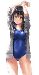 Rule 34 | 1girl, arms up, black hair, blue one-piece swimsuit, blush, breasts, collarbone, competition school swimsuit, contrapposto, covered navel, cowboy shot, gluteal fold, green eyes, grey jacket, highres, jacket, long hair, looking at viewer, medium breasts, one-piece swimsuit, open clothes, open jacket, original, parted lips, school swimsuit, shiny clothes, shiny swimsuit, simple background, sleeves pushed up, solo, standing, swimsuit, swimsuit under clothes, taut clothes, taut swimsuit, track jacket, yukemuriganmo