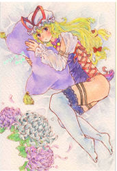 Rule 34 | 1girl, blonde hair, blush, closed mouth, dated, flower, frilled sleeves, frills, from above, hat, hat ribbon, highres, hugging object, leaf, long hair, long sleeves, looking at viewer, lying, mob cap, no shoes, on side, petals, pillow, pillow hug, purple eyes, purple flower, red ribbon, ribbon, shin1ar24, solo, tassel, thighhighs, touhou, traditional media, watercolor pencil (medium), white flower, white hat, white thighhighs, yakumo yukari