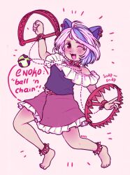 Rule 34 | animal ear piercing, animal ears, ankle cuffs, bare shoulders, bear trap, bracelet, chain, choker, collar, commentary, dark-skinned female, dark skin, dog ears, dog girl, ear piercing, english commentary, english text, frills, highres, jewelry, mitsugashira enoko, piercing, pink skirt, pinkcultgirl, purple shirt, red eyes, shirt, short hair, signature, simple background, skirt, spiked anklet, spiked bracelet, spiked collar, spikes, touhou