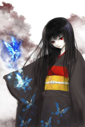 Rule 34 | 00s, 1girl, black hair, blunt bangs, bug, butterfly, enma ai, highres, hime cut, insect, japanese clothes, jigoku shoujo, kimono, long hair, namami (ultra7-m78), nanaya (up and out), pale skin, red eyes, solo