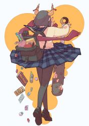 Rule 34 | 1girl, backpack, bag, black footwear, black hair, black pantyhose, bob cut, box, candy, chocolate, chocolate bar, club, club (weapon), colored inner hair, commentary request, facing away, floating, floating object, floating weapon, food, from behind, highres, horn ornament, horn ribbon, horns, kanabou, levitation, loafers, lollipop, long sleeves, miniskirt, multicolored hair, nail polish, norikoi, oni, original, outstretched arms, pantyhose, plaid, pointy ears, red scarf, ribbon, sailor collar lift, scarf, unworn scarf, school uniform, serafuku, shoe soles, shoes, short hair, skirt, sleeves past wrists, snack, solo, spiked club, standing, sweater, tiptoes, weapon, white background