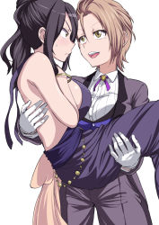 Rule 34 | 2girls, backless dress, backless outfit, bare shoulders, blazer, blush, bracelet, breasts, brown eyes, brown hair, carrying, collared shirt, commentary request, dress, eye contact, formal, gloves, hair slicked back, hand on own chest, highres, idolmaster, idolmaster cinderella girls, jacket, jewelry, kimura natsuki, large breasts, long hair, looking at another, mukai takumi, multiple girls, natsumi chorisuke, princess carry, shirt, sideboob, simple background, smile, white background, white gloves, yuri