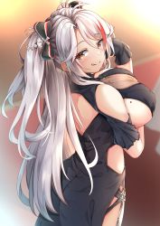Rule 34 | 1girl, absurdres, azur lane, backless dress, backless outfit, bare shoulders, black dress, blush, bow, breasts, clothing cutout, commentary request, dress, from behind, grey hair, hair between eyes, hair bow, heart, highres, large breasts, long hair, looking at viewer, looking back, mole, mole on breast, moyoron, multicolored hair, official alternate costume, parted bangs, prinz eugen (azur lane), prinz eugen (cordial cornflower) (azur lane), red hair, short sleeves, shoulder cutout, simple background, solo, spot color, streaked hair, two side up, very long hair, white background, yellow eyes