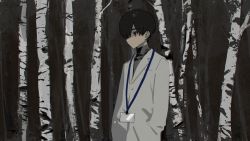 Rule 34 | 1boy, absurdres, black hair, closed mouth, forest, grey eyes, hands in pockets, highres, hirota tsuu, lab coat, long sleeves, male focus, name tag, nature, original, outdoors, solo, standing, tree, turtleneck, upper body, usuzumi kei