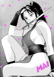 1girl ahn_dongshik arm_support bare_shoulders black_hair breasts character_name commentary falling_petals fatal_fury feet_out_of_frame female_focus from_side greyscale hair_ornament hand_fan hand_in_own_hair high_ponytail highres knee_up large_breasts long_hair looking_at_viewer monochrome mouth_hold ninja no_bra pelvic_curtain petals pink_petals ponytail revealing_clothes rope sash shiranui_mai sideboob sitting solo spot_color street_fighter street_fighter_6 the_king_of_fighters