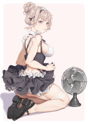 Rule 34 | 1girl, back, bare arms, bare shoulders, black footwear, black skirt, breasts, clothes lift, crop top, detached collar, duplicate, electric fan, fangxiang cuoluan, fanning crotch, fishnet thighhighs, fishnets, frilled shirt, frills, garter straps, grey hair, highres, hot, large breasts, lifting own clothes, looking at viewer, maid, maid headdress, mary janes, midriff, miniskirt, original, parted lips, pixel-perfect duplicate, purple eyes, revealing clothes, shirt, shoes, simple background, skirt, skirt lift, sleeveless, sleeveless shirt, solo, sweat, thighhighs, thighs, underbust, white background, zettai ryouiki