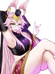 Rule 34 | 1girl, animal ears, armpits, crossed legs, fate/grand order, fate (series), glasses, highres, koyanskaya (indian lostbelt outfit) (fate), official alternate costume, pink hair, simple background, solo, tamamo (fate), tiara3noel3, white background, yellow eyes