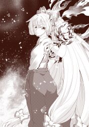Rule 34 | 0-den, absurdres, bow, burnt clothes, fire, fujiwara no mokou, greyscale, hair bow, highres, long hair, looking at viewer, looking back, monochrome, pants, ponytail, shirt, suspenders, touhou, very long hair, white hair, white shirt