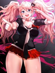 Rule 34 | 1girl, :d, absurdres, bear hair ornament, black choker, black necktie, blood, bow, breasts, choker, cleavage, collarbone, danganronpa: trigger happy havoc, danganronpa (series), enoshima junko, gradient background, hair ornament, highres, large breasts, long hair, looking at viewer, miniskirt, multicolored hair, nail polish, necktie, open mouth, pink blood, pink hair, pleated skirt, pointing, pointing at viewer, purple eyes, red bow, red nails, red skirt, shiny skin, skirt, smile, suju0813, teeth, twintails, two-tone hair, two-tone necktie, upper teeth only, white necktie