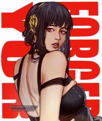 Rule 34 | 1girl, back, bare shoulders, black hair, character name, earrings, hair ornament, hair stick, hairband, highres, jewelry, looking at viewer, looking back, red eyes, signature, simple background, solo, spy x family, umikochannart, yor briar