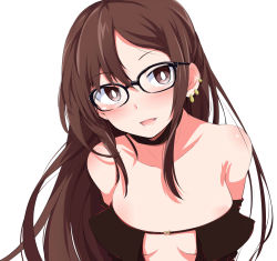 Rule 34 | 1girl, bare shoulders, blush, breasts, brown eyes, brown hair, chata maru (irori sabou), cleavage, clothing cutout, commentary request, cowboy shot, dress, earrings, fate/grand order, fate (series), glasses, head tilt, highres, jewelry, long hair, looking at viewer, midriff, open mouth, shiny skin, small breasts, smile, solo, stomach cutout, strapless, strapless dress, upper body, yu mei-ren (fate)
