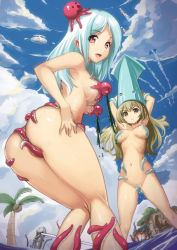Rule 34 | &gt;:), 2girls, :d, alien, armpits, arms up, ass, blonde hair, blue sky, blush, breasts, brown eyes, cloud, day, energy beam, highres, ichihachiyon, large breasts, long hair, looking at viewer, mara (megami tensei), megami tensei, monster, multiple girls, navel, nude, octopus, open mouth, original, outdoors, palm tree, partially visible vulva, red eyes, rocket, silver hair, sky, smile, squid, tentacle clothes, tentacles, tree, ufo, v-shaped eyebrows, water, wet