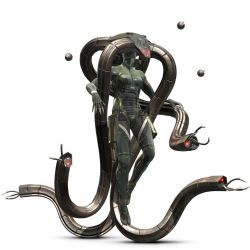 Rule 34 | 1girl, 3d, armor, female focus, full body, highres, laughing octopus, metal gear (series), metal gear solid 4, power suit, solo, tentacles, white background