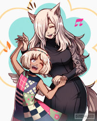 2girls age_difference animal_ears black_dress blonde_hair blush child choker closed_eyes commentary dress english_commentary eyelashes fabienne_(metaphor:_refantazio) grey_eyes grey_hair gzei hair_over_one_eye happy highres holding_hands long_hair maria_(metaphor:_refantazio) metaphor:_refantazio mini_wings mole mole_under_eye multiple_girls musical_note one_eye_closed open_mouth patchwork_clothes short_hair tail teeth twitter_username upper_teeth_only wings wolf_ears wolf_tail