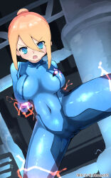 Rule 34 | 1girl, blonde hair, blue bodysuit, blue eyes, bodysuit, breasts, covered navel, haryu moe, large breasts, looking at viewer, metroid, mole, nintendo, open mouth, ponytail, samus aran, solo, tagme, zero suit