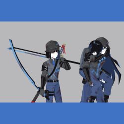 Rule 34 | 1girl, 2boys, black eyes, black gloves, black hair, black vest, blood, blood on clothes, blue pants, carrying, closed mouth, glaive (polearm), gloves, highres, holding, holding weapon, hong lu (project moon), limbus company, multiple boys, no 710, ootachi, pants, piggyback, polearm, project moon, red eyes, ryoshu (project moon), short hair, smile, vambraces, vest, weapon, yi sang (project moon)