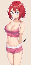 Rule 34 | 1girl, absurdres, blue eyes, breasts, commentary, english commentary, glasses, highres, large breasts, looking at viewer, navel, original, pink sports bra, raise094, red hair, short hair, smile, solo, sports bra