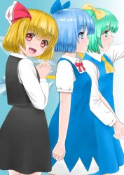 Rule 34 | 3girls, :d, arms up, ascot, black skirt, black vest, blonde hair, blue background, blue dress, blue eyes, blue hair, blush, bob cut, bosutonii, bow, bowtie, cirno, commentary request, cowboy shot, daiyousei, dress, fairy wings, gradient background, green eyes, green hair, hair ribbon, head tilt, highres, holding hands, interlocked fingers, long sleeves, looking at viewer, looking to the side, multiple girls, open mouth, own hands clasped, own hands together, parted lips, pinafore dress, profile, red bow, red bowtie, red eyes, red ribbon, ribbon, rumia, shirt, short hair, short sleeves, simple background, skirt, sleeveless dress, smile, standing, touhou, vest, white shirt, wings, yellow ascot