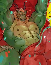 Rule 34 | 1boy, abs, antlers, arms up, bara, beard, bulge, celebration, chinese zodiac, confetti, curly eyebrows, dancing, dragon boy, dragon dance, dragon tail, facial hair, feet out of frame, furry, furry male, gao (gao 53937056), green fur, highres, horns, large pectorals, looking at viewer, male focus, mature male, muscular, muscular male, navel, nipples, original, pants, pectorals, solo, stomach, strongman waist, tail, thick arms, thick beard, thick eyebrows, thick thighs, thighs, topless male, year of the dragon
