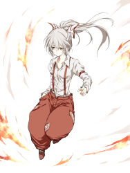 Rule 34 | 1girl, absurdres, bow, closed mouth, collared shirt, fire, fujiwara no mokou, full body, hair bow, highres, juliet sleeves, long hair, long sleeves, ofuda, ofuda on clothes, pants, ponytail, puffy sleeves, red eyes, red footwear, red pants, shimoda masaya, shirt, solo, suspenders, touhou, white hair, white shirt