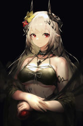 Rule 34 | 1girl, apple, arknights, bare shoulders, bikini, breasts, cleavage, demon girl, demon horns, fine art parody, flower, food, fruit, grey hair, hair flower, hair ornament, highres, horns, infection monitor (arknights), jell (jell y fish), jewelry, large breasts, long hair, looking at viewer, material growth, medium breasts, mona lisa, mudrock (arknights), mudrock (silent night) (arknights), necklace, official alternate costume, oripathy lesion (arknights), parody, pointy ears, red eyes, smile, solo, swimsuit, underboob, white hair