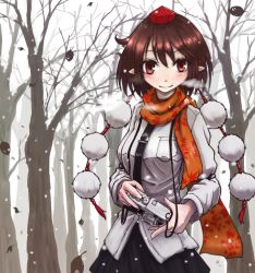 Rule 34 | 1girl, armband, bare tree, breath, brown hair, camera, cold, hat, leaf, light smile, long sleeves, looking at viewer, necktie, pointy ears, pom pom (clothes), red eyes, scarf, shameimaru aya, skirt, snowing, solo, tie clip, tokin hat, touhou, tree, usui ryuusan, winter