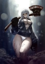 Rule 34 | 1girl, axe, backlighting, black gloves, blood, blood on axe, blood on face, blunt bangs, breasts, cleavage, colored skin, commentary request, crotch seam, english text, gloves, grey skin, highres, holding, holding weapon, hood, hoodie, ikeda (hayato), jacket, large breasts, looking at viewer, medium hair, no bra, no pants, open clothes, open jacket, original, panties, parted lips, red eyes, smirk, solo, standing, underwear, weapon, white panties, zombie