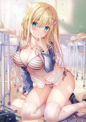 Rule 34 | 1girl, absurdres, bag, blonde hair, blush, bow, bra, breasts, chair, classroom, cleavage, day, desk, finger to mouth, frilled panties, frills, front-tie bra, green eyes, hair between eyes, hair bow, highres, inagaki minami, indoors, jewelry, long hair, necklace, open clothes, open shirt, original, panties, pink bra, pink panties, scan, school chair, school desk, sitting, skirt, solo, sousouman, striped bra, striped clothes, striped panties, thighhighs, thighs, underwear, unworn skirt, white thighhighs, yokozuwari