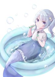 Rule 34 | 1girl, :3, absurdres, blouse, blowing bubbles, blue eyes, grey hair, hair ornament, highres, holding, looking at viewer, mermaid, monster girl, original, shirt, short sleeves, sikimi, simple background, sitting, skirt, solo, star (symbol), star hair ornament, wading pool, white background