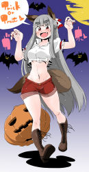 Rule 34 | 1girl, animal ears, bare legs, boots, bow, breasts, claw pose, crop top, cross-laced footwear, eyebrows, fujiwara no mokou, hair bow, half updo, halloween, happy, highres, jack-o&#039;-lantern, knee boots, lace-up boots, long hair, medium breasts, open mouth, puffy short sleeves, puffy sleeves, red eyes, short shorts, short sleeves, shorts, sidelocks, silver hair, tail, takeu, thick eyebrows, touhou, very long hair, wolf ears, wolf tail