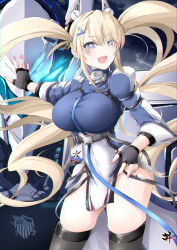 Rule 34 | 1girl, absurdly long hair, azur lane, black gloves, black thighhighs, blonde hair, blue dress, blue eyes, blue ribbon, breasts, contrapposto, covered navel, cowboy shot, dress, facial mark, fang, fingerless gloves, gloves, guam (azur lane), gudon (iukhzl), hair between eyes, hand on own hip, heart, heart facial mark, heart tattoo, high collar, highleg, highleg leotard, highres, large breasts, leotard, long hair, long sleeves, looking at viewer, open mouth, pelvic curtain, pink nails, purple eyes, ribbon, rigging, sidelocks, smile, solo, star-shaped pupils, star (symbol), symbol-shaped pupils, tattoo, thighhighs, twintails, very long hair