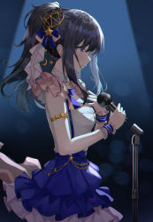 Rule 34 | 1girl, absurdres, black hair, blurry, blurry background, bow, chromatic aberration, commentary request, concert, costume, crescent, crescent hair ornament, crown, film grain, hair bow, hair ornament, hair ribbon, high ponytail, highres, holding, holding microphone, huge filesize, idolmaster, idolmaster shiny colors, kazano hiori, layered skirt, long hair, lotpi, microphone, mini crown, mole, mole under mouth, ponytail, purple eyes, ribbon, skirt, solo, stage lights, star (symbol), star hair ornament, wrist cuffs