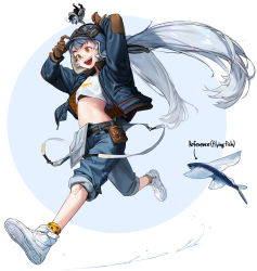 Rule 34 | 1girl, arms up, belt, blue headwear, blue pants, brown gloves, fish, flying fish, full body, gloves, goggles, goggles on head, grey hair, highres, jacket, long hair, long sleeves, midriff, nike (company), nike air force 1, open clothes, open jacket, open mouth, orange eyes, original, pants, personification, print shirt, rinotuna, shirt, shoes, smile, sneakers, solo, standing, suspenders, twintails, very long hair, white footwear, white shirt
