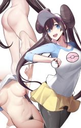 Rule 34 | 1girl, :d, ass, black hair, black pantyhose, blue eyes, blue sleeves, blush, bottomless, breasts, breasts out, clothes lift, creatures (company), double bun, fellatio gesture, female pubic hair, game freak, groin, hair bun, highres, holding, holding poke ball, leg up, lifting own clothes, long hair, long sleeves, looking at viewer, medium breasts, miniskirt, mouth hold, multiple views, naked shirt, navel, nintendo, nipples, no bra, nude, open mouth, pantyhose, poke ball, poke ball (basic), poke ball print, pokemon, pokemon bw2, pubic hair, raglan sleeves, rosa (pokemon), shirt, shirt lift, sidelocks, simple background, sitting, skirt, smile, standing, standing on one leg, stomach, twintails, very long hair, visor cap, white background, white headwear, white shirt, yellow skirt, yuuyuu (yuuki1771)