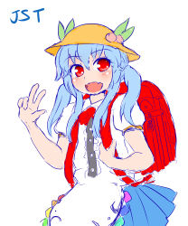 Rule 34 | 1girl, :d, absurdres, aged down, backpack, bag, blue hair, blush, dress, fangs, food, food on head, fruit, fruit on head, hat, highres, hinanawi tenshi, kindergarten uniform, king (ougon kingyo-bachi), leaf, looking at viewer, object on head, open mouth, peach, quad tails, red eyes, school hat, sketch, smile, solo, touhou, yellow hat