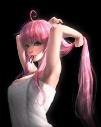 Rule 34 | 1girl, adjusting hair, ahoge, armpits, arms up, bad id, bad twitter id, bare shoulders, breasts, cleavage, eyelashes, eyeliner, green eyes, hand in own hair, highres, holding, holding hair, lala satalin deviluke, large breasts, long hair, looking at viewer, makeup, mouth hold, naked towel, peachpa, pink hair, ponytail, shiny skin, sidelocks, solo, to love-ru, towel, tying hair, upper body, very long hair, white towel