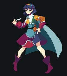 Rule 34 | 1girl, 4qw5, black background, blue cape, blue eyes, blue hair, cape, full body, hairband, highres, long sleeves, multicolored clothes, multicolored hairband, patchwork clothes, pixel art, purple footwear, short hair, simple background, solo, tenkyuu chimata, touhou