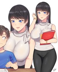 Rule 34 | 1boy, 1girl, absurdres, age difference, band-width, bare shoulders, black hair, black pants, blue eyes, blue shirt, book, bracelet, breasts, brown hair, child, desk, highres, hip focus, holding, holding book, jewelry, large breasts, long hair, looking at viewer, open mouth, original, pants, paper, shaking, shirt, short hair, short sleeves, sleeveless, sleeveless shirt, sweat, teacher, thick thighs, thighs, white shirt, writing, yellow eyes