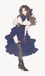 Rule 34 | 1girl, black footwear, black gloves, blue bow, blue eyes, blue skirt, blush, boots, bow, braid, brown hair, commentary request, corset, dress, fishnet gloves, fishnet thighhighs, fishnets, frills, full body, garter straps, gloves, hair bow, hand up, high heel boots, high heels, highres, jewelry, lace, lace gloves, long hair, looking at viewer, original, parted bangs, pendant, plaid, puffy sleeves, rikuwo, shirt, simple background, skirt, solo, standing, thighhighs, unmoving pattern, white background, white shirt
