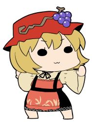 Rule 34 | 1girl, :3, aki minoriko, apron, barefoot, black eyes, blonde hair, bob cut, chibi, female focus, food, fruit, grapes, hat, long sleeves, outstretched arms, short hair, simple background, solid circle eyes, solo, spread arms, standing, suspenders, touhou, ume (noraneko), white background, wide sleeves